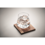 Short glass tumbler, whisky, acacia wood coaster transparent colour third photographic view