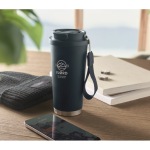 Recycled stainless steel tumbler, lid, straw 2-in-1, 500 ml navy-blue colour main ambient view