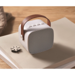 Square speaker, brown synthetic leather handle, vintage style white colour ambient view