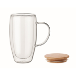 Tall glass mug, transparent handle, wooden lid, 450 ml transparent colour third view