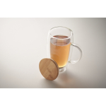 Tall glass mug, transparent handle, wooden lid, 450 ml transparent colour fifth photographic view