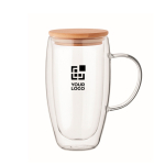 Tall glass mug, transparent handle, wooden lid, 450 ml transparent colour view with print area