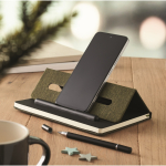 Hardcover notebook, mobile stand function, A5, ruled pages dark green colour ambient view