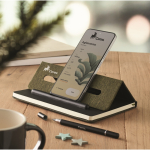 Hardcover notebook, mobile stand function, A5, ruled pages dark green colour main ambient view
