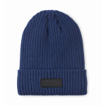 Unisex knitted beanie, assorted colours, custom patch blue colour