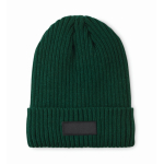 Unisex knitted beanie, assorted colours, custom patch dark green colour