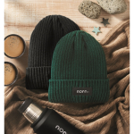Unisex knitted beanie, assorted colours, custom patch dark green colour main ambient view