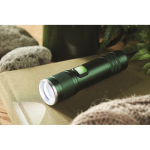 Extendable recycled aluminium torch, 3 light settings, zoom dark green colour ambient view