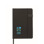 Black hardcover notebook, USB memory included, A5, ruled pages black colour view with print area