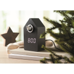 Birdhouse-shaped alarm clock, white LED screen black colour ambient view