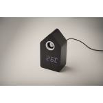Birdhouse-shaped alarm clock, white LED screen black colour fifth photographic view