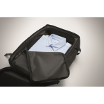 Travel backpack, multiple compartments black colour photographic view