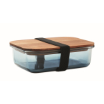 Glass lunchbox, wooden lid, elastic closing band transparent blue colour