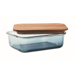 Glass lunchbox, wooden lid, elastic closing band transparent blue colour second view
