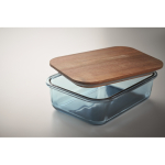 Glass lunchbox, wooden lid, elastic closing band transparent blue colour third photographic view