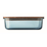 Glass lunchbox, wooden lid, elastic closing band transparent blue colour sixth view