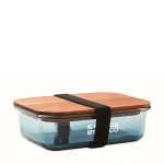 Glass lunchbox, wooden lid, elastic closing band transparent blue colour view with print area