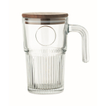 Large ribbed glass mug, wooden lid, handle, 450 ml transparent colour