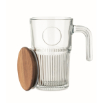 Large ribbed glass mug, wooden lid, handle, 450 ml transparent colour second view