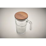 Large ribbed glass mug, wooden lid, handle, 450 ml transparent colour third photographic view
