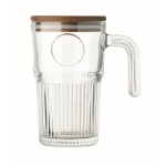 Large ribbed glass mug, wooden lid, handle, 450 ml transparent colour fourth view