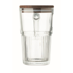 Large ribbed glass mug, wooden lid, handle, 450 ml transparent colour fifth view