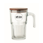 Large ribbed glass mug, wooden lid, handle, 450 ml transparent colour view with print area