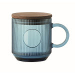 Original ribbed glass mug, acacia wood lid, 300 ml transparent blue colour