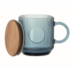 Original ribbed glass mug, acacia wood lid, 300 ml transparent blue colour second view