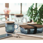 Original ribbed glass mug, acacia wood lid, 300 ml transparent blue colour ambient view