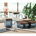 Original ribbed glass mug, acacia wood lid, 300 ml transparent blue colour second ambient view