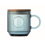 Original ribbed glass mug, acacia wood lid, 300 ml transparent blue colour fourth view