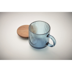 Original ribbed glass mug, acacia wood lid, 300 ml transparent blue colour eighth photographic view