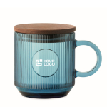 Original ribbed glass mug, acacia wood lid, 300 ml transparent blue colour view with print area