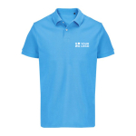 Men’s combed cotton polo, short sleeve, 2 buttons cyan blue colour view with print area