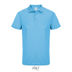 Recycled polyester sports polo, short sleeve, 3 buttons cyan blue colour