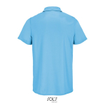 Recycled polyester sports polo, short sleeve, 3 buttons cyan blue colour rear view