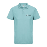 Recycled polyester sports polo, short sleeve, 3 buttons light blue colour view with print area