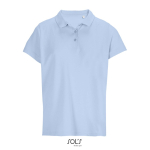 Women’s combed cotton polo, ribbed collar, 3 buttons pastel blue colour