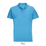 Unisex combed cotton polo, ribbed collar, 2 buttons cyan blue colour