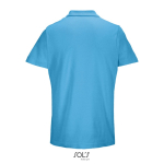 Unisex combed cotton polo, ribbed collar, 2 buttons cyan blue colour rear view