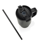 Recycled stainless steel thermal tumbler, straw, handle, 480ml black colour
