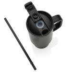 Recycled stainless steel thermal tumbler, straw, handle, 480ml black colour