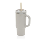 Recycled stainless steel thermal tumbler, straw, handle, 480ml grey colour