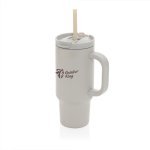 Recycled stainless steel thermal tumbler, straw, handle, 480ml grey colour