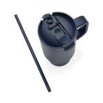 Recycled stainless steel thermal tumbler, straw, handle, 480ml navy-blue colour