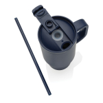 Recycled stainless steel thermal tumbler, straw, handle, 480ml navy-blue colour