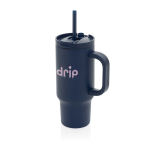 Recycled stainless steel thermal tumbler, straw, handle, 480ml navy-blue colour