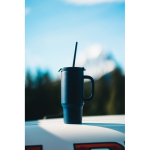 Recycled stainless steel thermal tumbler, straw, handle, 480ml navy-blue colour