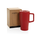 Premium ceramic mug, ergonomic handle, anti-drip lid, 490ml red colour